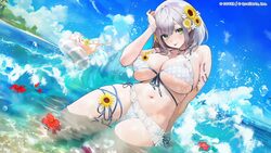 1girl agoto bikini blue sky breasts cloud commentary request danin-san (shirogane noel) day flower green eyes grey hair…