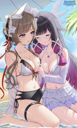 2girls alternate costume beach bikini bikini skirt black hair blue eyes bonnet breasts brown hair closed eyes columbina…