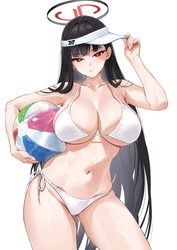 1girl alternate costume ball bare shoulders beachball bikini black hair black halo blue archive blunt bangs blush breas…
