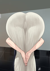1girl amen pose (meme) artist name ass ass focus bent over black hair cameltoe commentary covered pussy dress english c…