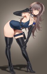 ) 1girl alternate costume armpits bare shoulders bent over black boots black gloves blue dress blue flower blue rose bl…