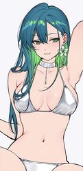 1girl arm up armpits bikini blush breasts choker cleavage closed mouth commentary earrings green eyes green hair highre…