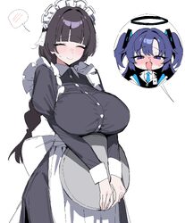 2girls absurdres apron black dress black hair black halo blood blue archive blush braid breasts closed eyes commentary …