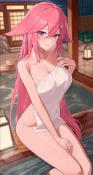 1girl absurdres animal ears bamboo fence blush breasts bucket commentary request covering privates fence floppy ears fo…