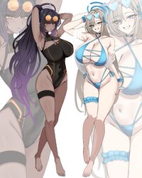 2girls absurdres alternate costume aqua bikini armpits arms behind head asuna (blue archive) barefoot bikini black chok…