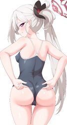 1girl absurdres adjusting clothes adjusting swimsuit alternate costume ass black flower blue archive blue one-piece swi…