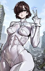 1girl absurdres bodysuit breasts brown eyes brown hair building cameltoe closed mouth commentary covered navel covered …