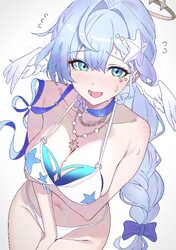 1girl absurdres bikini blue hair bow braid breasts chain commentary request green eyes groin hair between eyes hair bow…