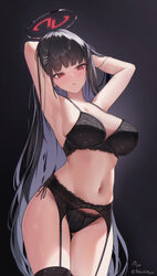 1girl absurdres arms behind head black bra black garter belt black hair black halo black panties black pantyhose blue a…