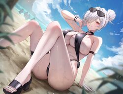 1girl absurdres ankle arm strap beach bird black choker black sandals black slingshot swimsuit blue sky breasts choker …
