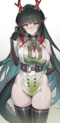 1girl arknights arknights  endfield armlet bare shoulders belt black gloves black hair black thighhighs blush breasts c…