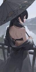 1girl absurdres back bare shoulders bikini black bikini black hair black robe blue archive braid coat commentary from b…