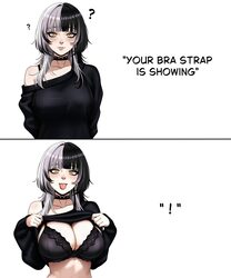 1girl black hair blackcapbandit bra strap breasts clothes lift commentary flashing grey hair highres hololive hololive …