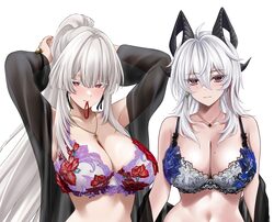 2girls ahoge alternate breast size (larger) arms up black horns bra breasts cleavage closed mouth collarbone colored ey…