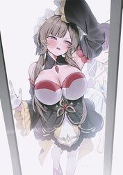 2girls against glass bare shoulders barefoot black hair blue eyes breast press breasts breasts on glass brown hair chee…