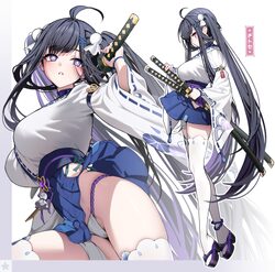 1girl absurdres ahoge bandage on thigh black hair blue hakama breasts chitose (stella sora) colored inner hair commenta…