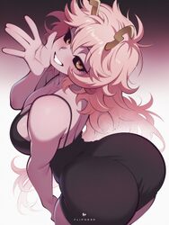 1girl arched back ashido mina ass bare shoulders black dress black sclera boku no hero academia breasts cleavage colore…
