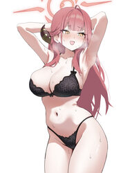 1girl absurdres armpits arms up aru (blue archive) black bra black panties blue archive blush bow bow bra bow panties b…