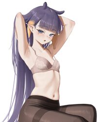 1girl absurdres armpits arms behind head arms up blue eyes blunt bangs bra flat chest gradient hair grey bra highres ho…