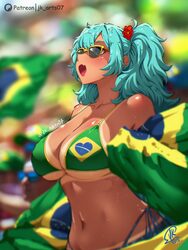 1girl 2026 fifa world cup alternate breast size (larger) aqua hair bikini blurry blurry background brazilian flag bikin…