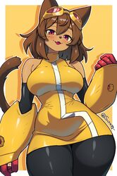 1girl absurdres animal ears black pants blush border breasts brown hair cat ears cat girl cat tail commentary curvy dar…