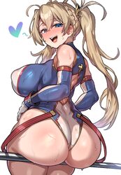 1girl absurdres ass back back cutout bare shoulders blonde hair blue eyes blue gloves blue leotard blush bradamante (fa…