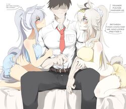 1boy 2girls ahoge animal ears arm hug blazer blue eyes blush breast press breasts bright pupils brown hair commentary d…