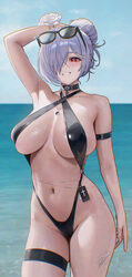 1girl arm at side arm strap arm up armpits bare shoulders black choker black slingshot swimsuit blush breasts choker ch…