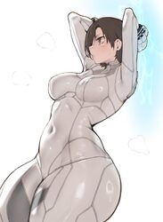 1girl arms behind head arms up aster crowley bodysuit breasts brown eyes brown hair cameltoe commentary request covered…