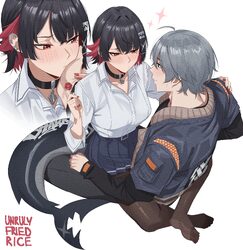 1boy 1girl absurdres artist name black choker black hair black pants black shirt blue jacket blue skirt blush breasts b…
