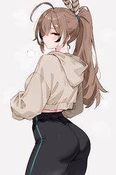 1girl absurdres ahoge ass black pants black streaks bluefield brown eyes brown hair commentary crossed bangs double-par…