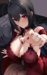 1girl absurdres ahoge azur lane babydoll bare shoulders black hair blush breasts cleavage commentary request hair ribbo…