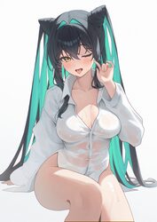 1girl absurdres alternate costume aqua hair breasts collarbone collared shirt colored inner hair commentary covered nav…