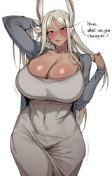 1girl  / absurdres alternate costume animal ears arm up blush boku no hero academia breasts cardigan cleavage commentar…