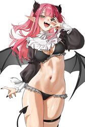 1girl absurdres bib collar black bra black horns black nails black panties black shrug black wings blush bra breasts co…