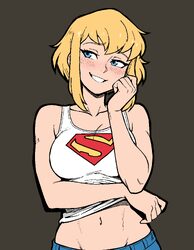 1girl black background blonde hair blue eyes blush breasts cleavage commentary cowboy shot dc comics english commentary…