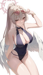 1girl absurdres bangle black one-piece swimsuit blonde hair blue archive blush bracelet breasts closed mouth commentary…