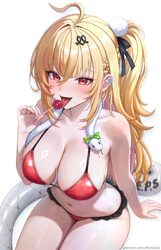 1girl ahoge alternate costume bikini blonde hair blush breasts candy chalky (zenless zone zero) cissia (zenless zone ze…