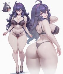 1girl ahoge alterlesott alternate breast size (larger) ass ass visible through thighs black bra black panties blue hair…