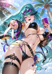 1girl  d absurdres bikini black bikini blue hair breasts chinese commentary coconut tree commentary request cowboy shot…
