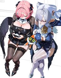 2girls bangboo (zenless zone zero) black bow black dress black garter straps black shrug black thighhighs black wings b…