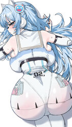 1girl all fours ass blue eyes blue hair blush bodysuit breasts detached sleeves goddess of victory  nikke hair spread o…