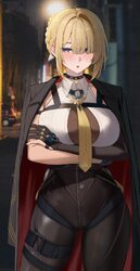 1girl  o arm strap asymmetrical gloves black choker black coat black gloves blonde hair blurry blurry background blush …