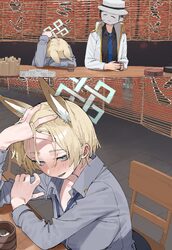 1boy 1girl 2koma absurdres animal ear fluff animal ears black hair black shirt blonde hair blue archive blue eyes blue …