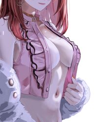 1girl absurdres bad id bad twitter id breasts center frills cleavage commentary earrings eyes out of frame frills fur j…