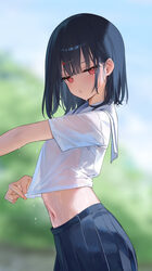 1girl absurdres black hair blurry blush bob cut breasts commentary crop top cropped shirt depth of field food-themed ha…