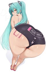 1girl absurdres ankle aqua eyes aqua hair ass ass focus ass tattoo bare shoulders battery indicator black panties blush…