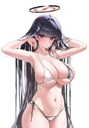 1girl absurdres alternate costume armpits arms up bikini black hair blue archive blush breasts cleavage commentary hair…