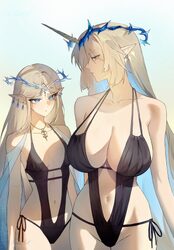 2girls  t absurdres alternate costume bare shoulders black one-piece swimsuit blonde hair blue eyes blue hair breast en…