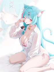 1girl absurdres animal ear fluff animal ears aqua hair aqua nails bell between legs bra breasts cat ears cat tail choke…